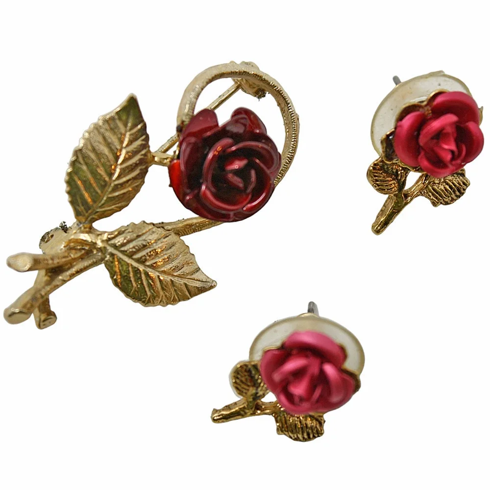 Vintage Matching Red Enameled Rose Pin and Earring Set in Original Box - Hey Viv